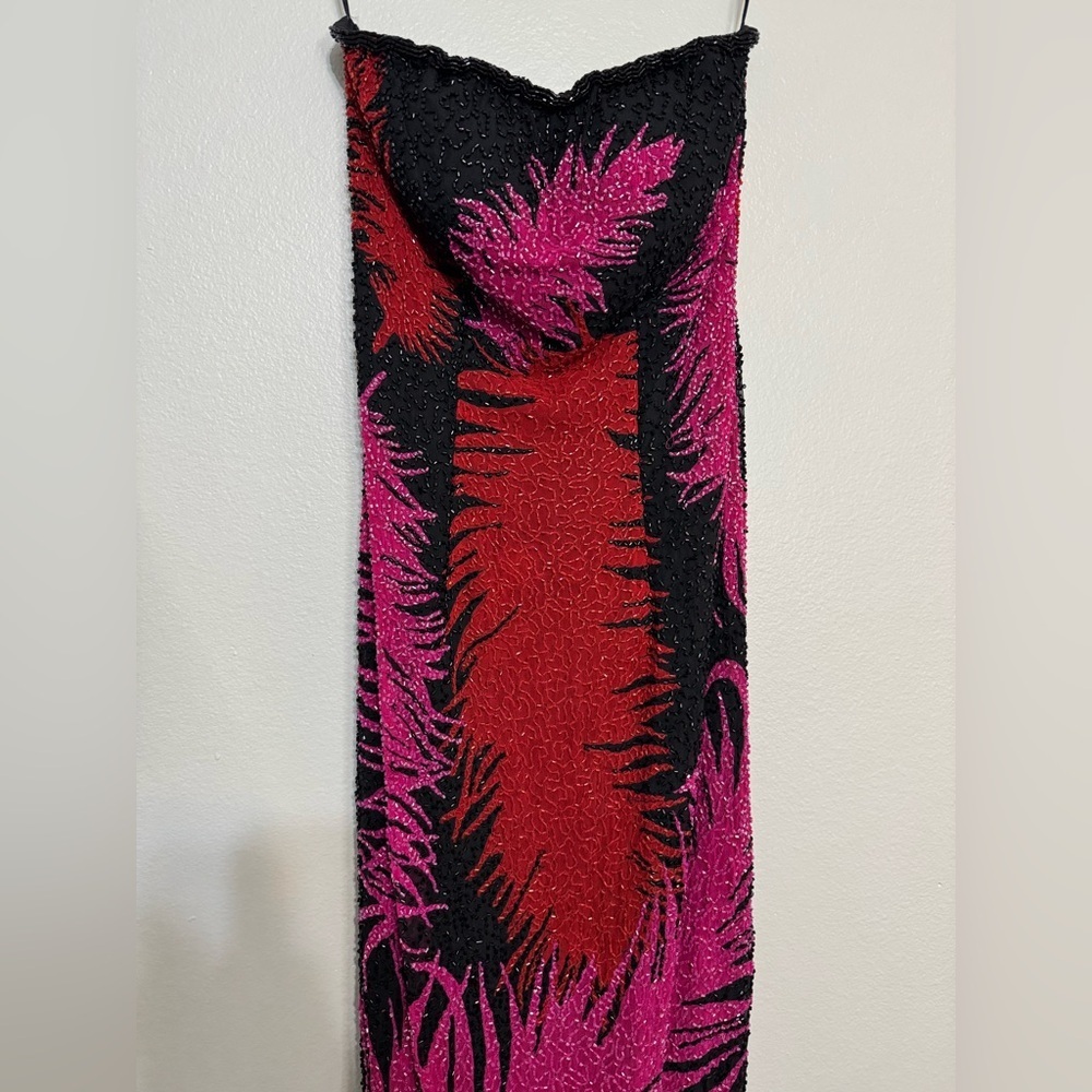 Vintage Andretta Donatello Strapless Feather Design Beaded Maxi Dress Gown - Picture 4 of 10